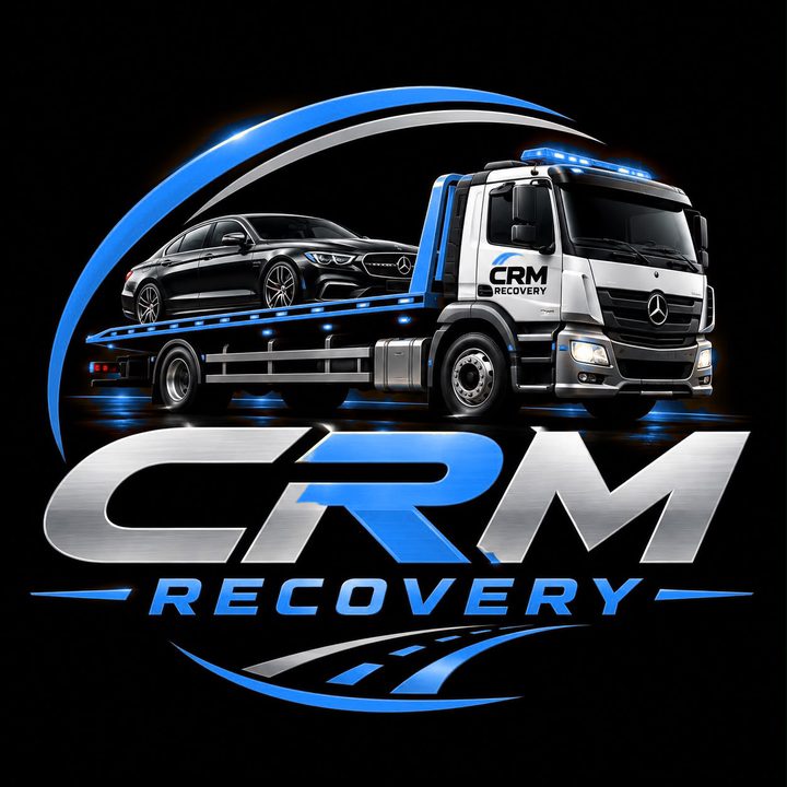 CRM Recovery logo: a flatbed recovery truck carrying a car