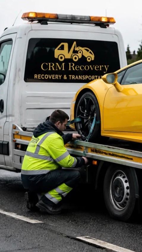 CRM Recovery driver securing a sports car onto the flatbed truck